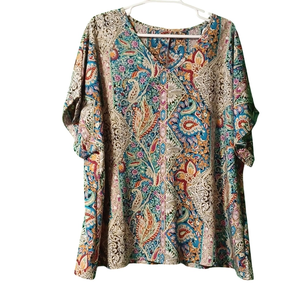 Shein Curve 3XL Paisley Medallion Print V-Neck Short Sleeve Blouse Multi-Color